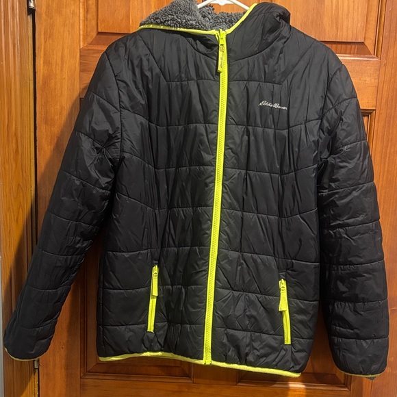 Eddie Bauer reversible big Kids Sz XL Black Puffer Jacket with Yellow Accents - Picture 1 of 7